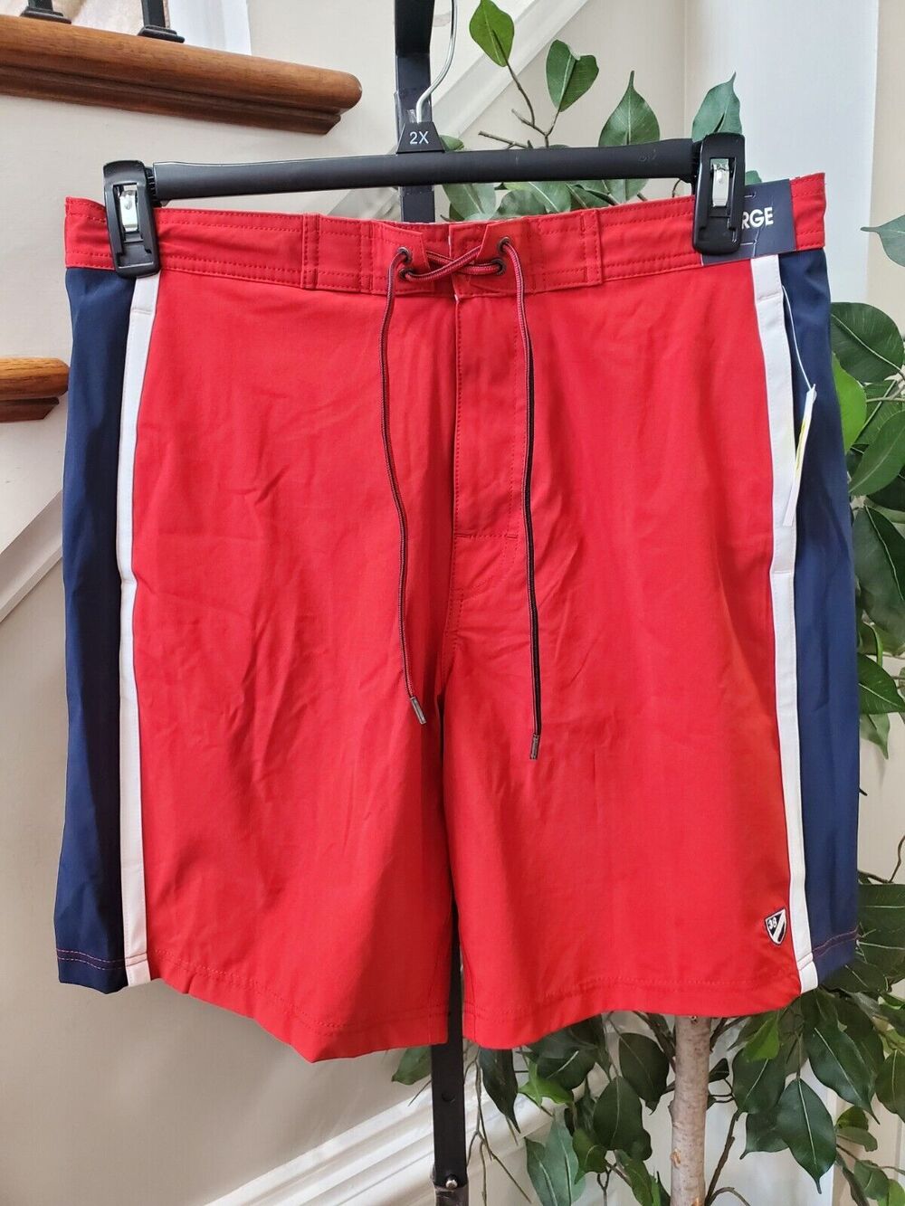 Cremieux Men Red & Blue Polyester Pull On Drawstring Swimwear Shorts Size Large